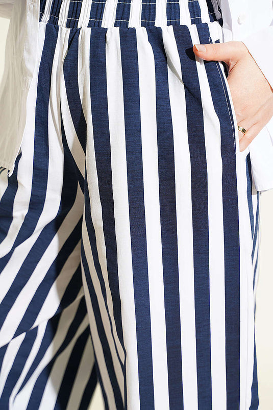 Bel Lastikli Çizgili Poplin Pantolon Lacivert