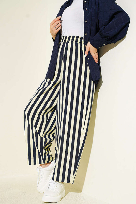Bel Lastikli Çizgili Poplin Pantolon Sarı