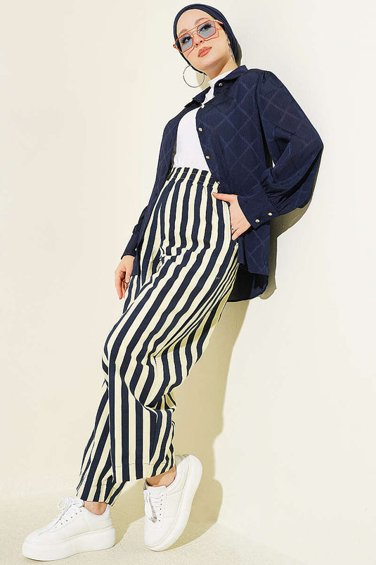 Bel Lastikli Çizgili Poplin Pantolon Sarı