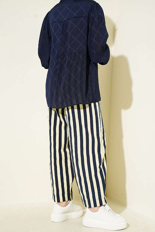 Bel Lastikli Çizgili Poplin Pantolon Sarı