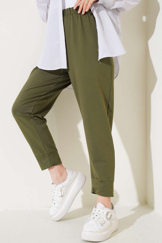 Belted Slim Fit Basic Pants Khaki