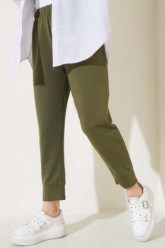 Belted Slim Fit Basic Pants Khaki