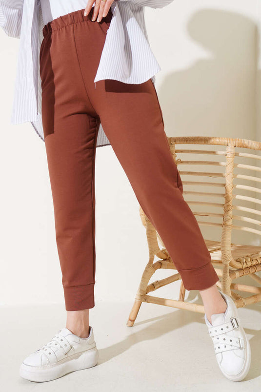 Elastische taille skinny pijp basic broek bruin