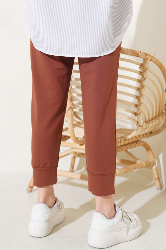 Pantalon basique à jambe slim élastique à taille marron