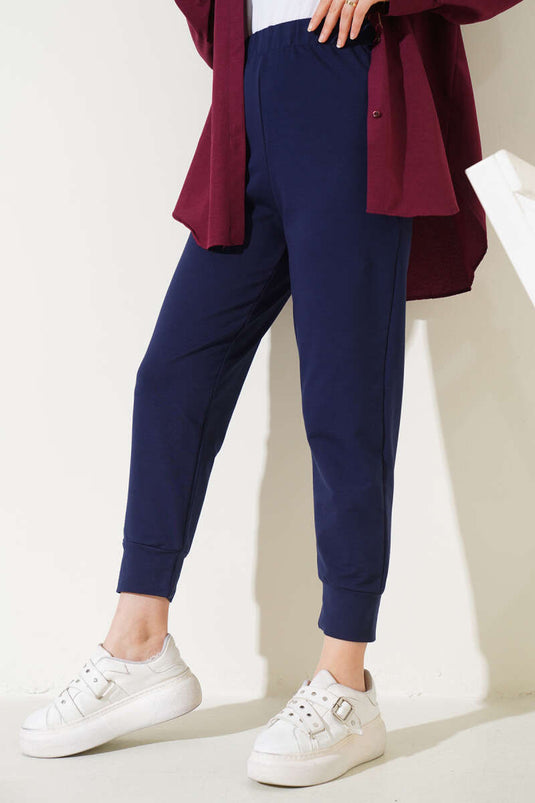 Navy Blue Basic Pants with Elastic Waist and Slim Fit