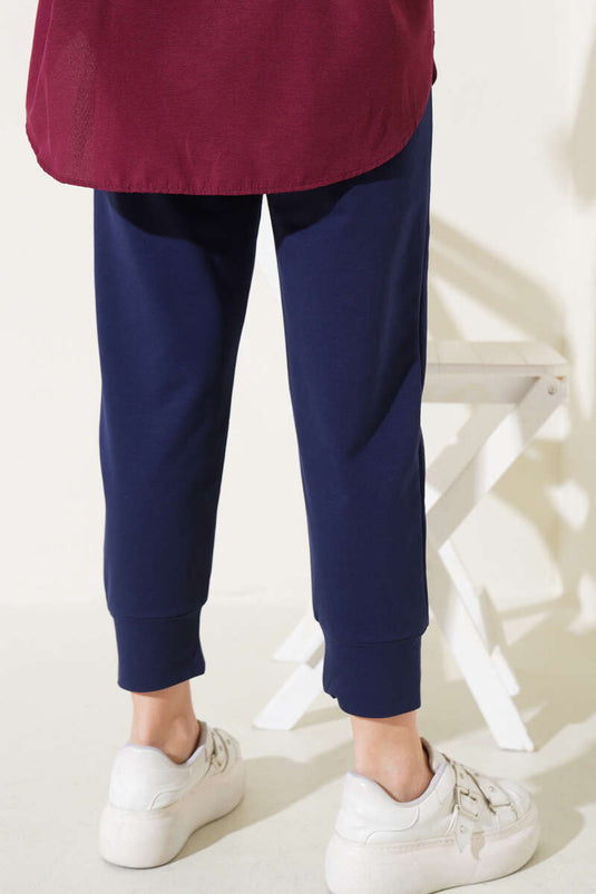 Navy Blue Basic Pants with Elastic Waist and Slim Fit