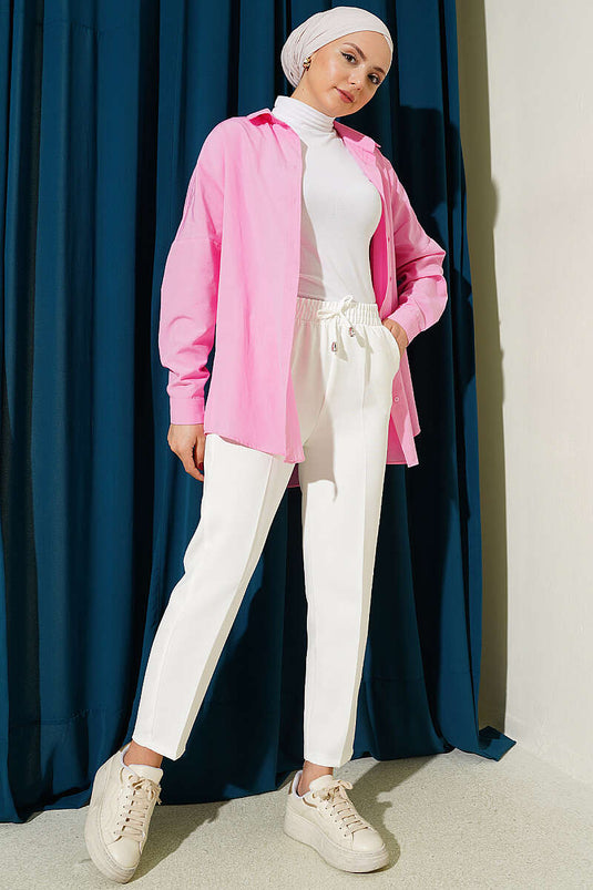 Pantalon double à jambe étroite avec ceinture élastique beige crème