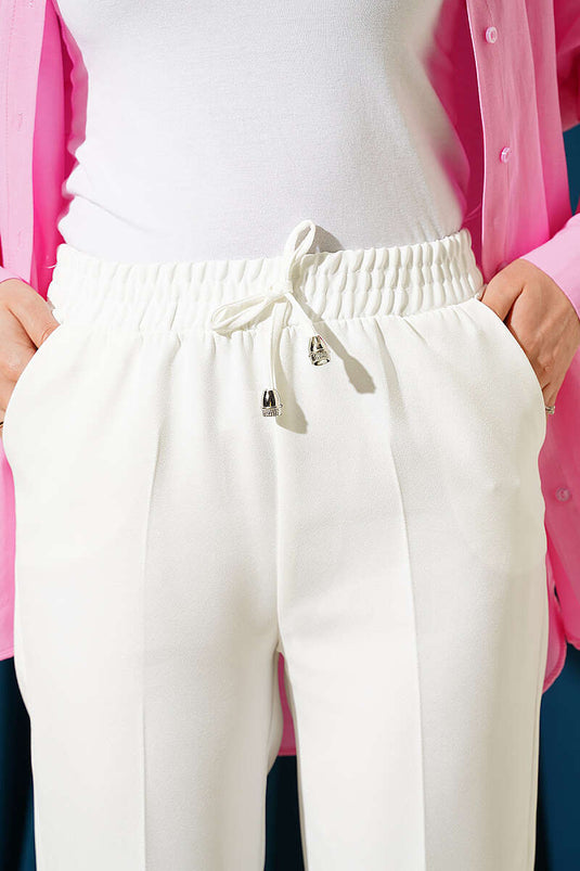 Pantalon double à jambe étroite avec ceinture élastique beige crème