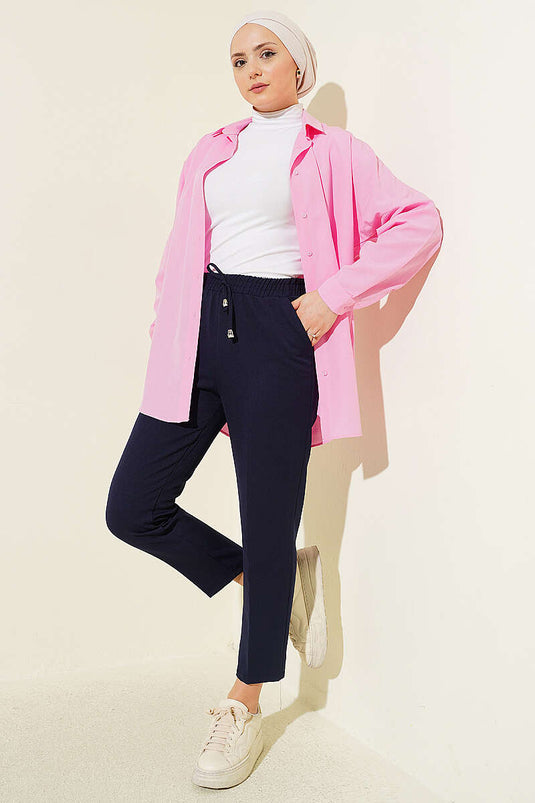 Pantalon double à jambe étroite avec ceinture élastique, bleu marine