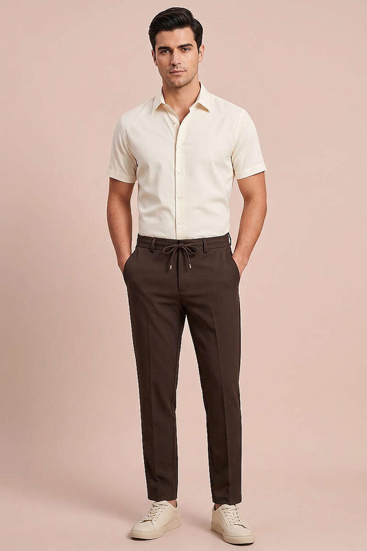 Pantalon en tissu pour homme, coupe étroite, taille élastique, couleur marron foncé