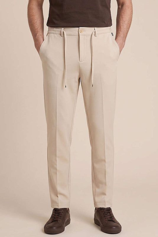 Pantalon en tissu pour homme, coupe étroite, taille élastique, beige