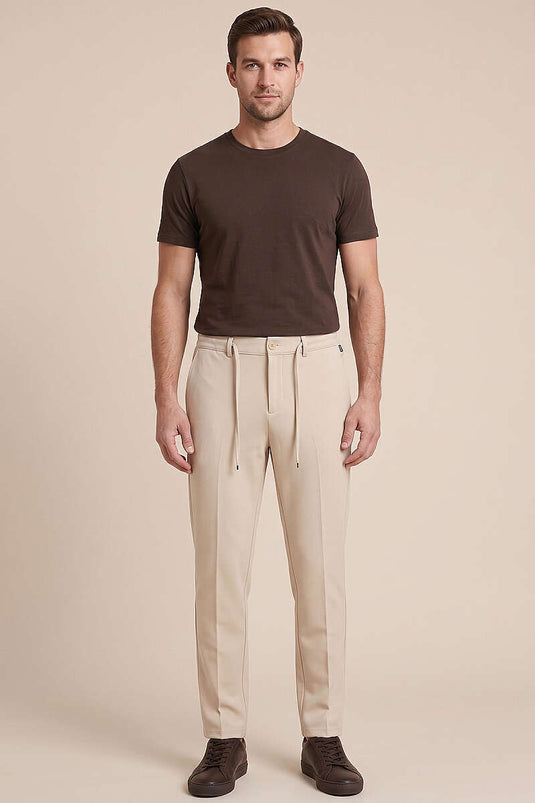Pantalon en tissu pour homme, coupe étroite, taille élastique, beige