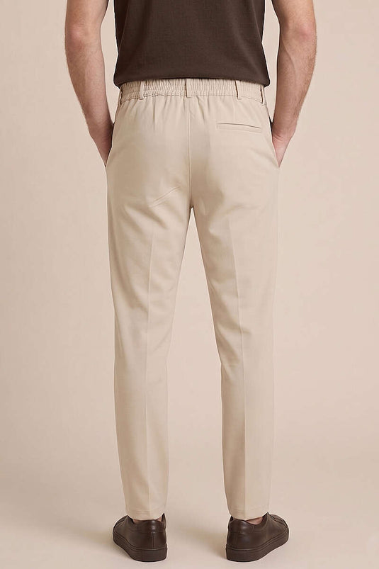Pantalon en tissu pour homme, coupe étroite, taille élastique, beige