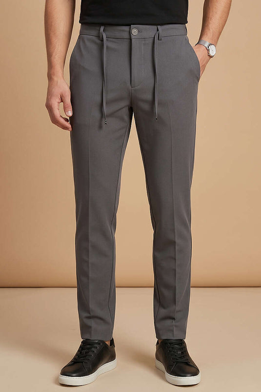 Pantalon en tissu pour homme, coupe étroite, taille élastique, couleur fumée