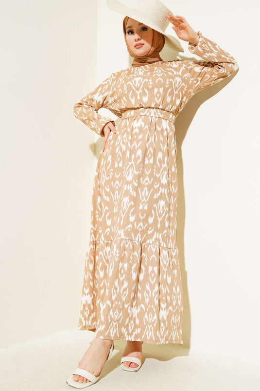 Elastische taille, gebloemde crêpejurk in beige