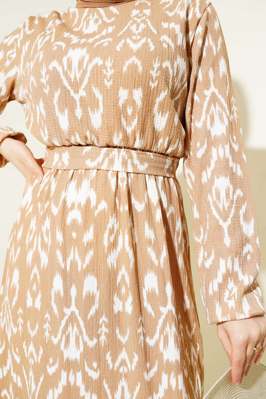 Elastische taille, gebloemde crêpejurk in beige