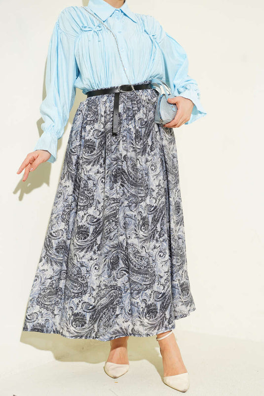 Navy Blue Skirt with Patterned Belt and Elastic Waistband