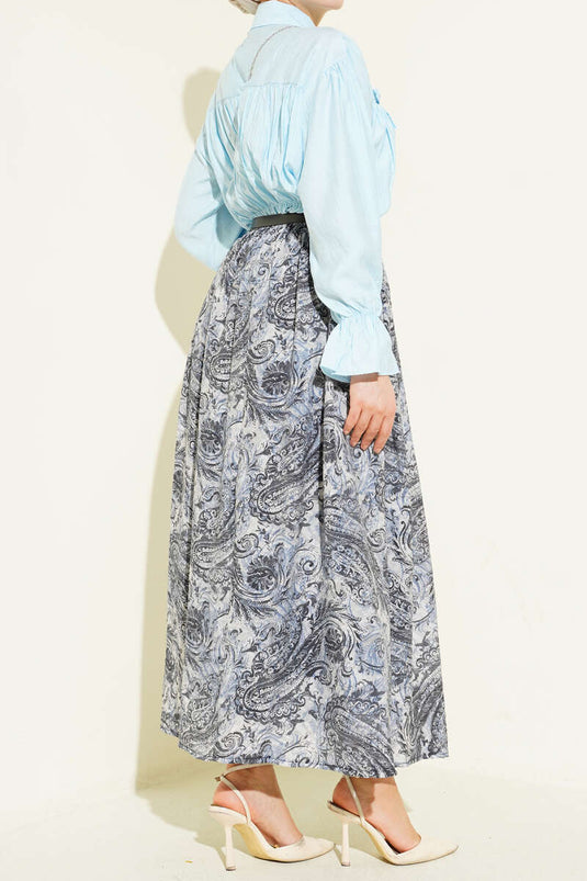 Navy Blue Skirt with Patterned Belt and Elastic Waistband