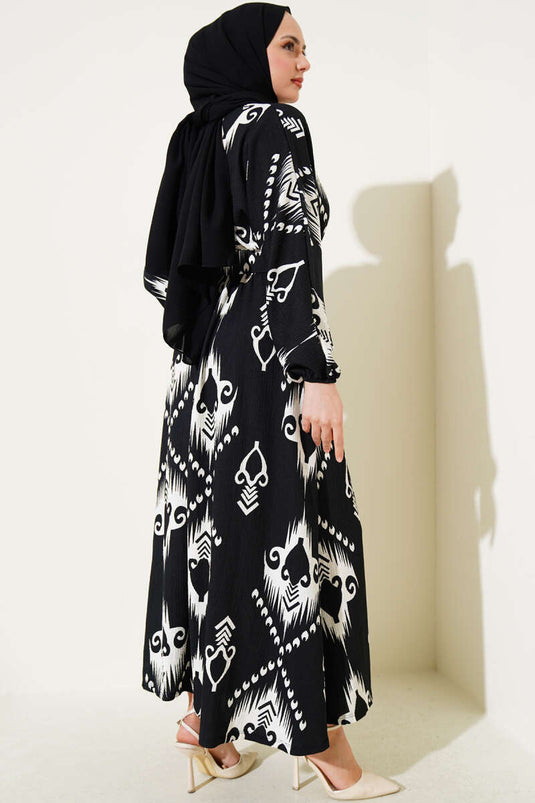 Robe Mevlana à motif taille élastique noire