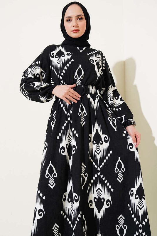 Robe Mevlana à motif taille élastique noire