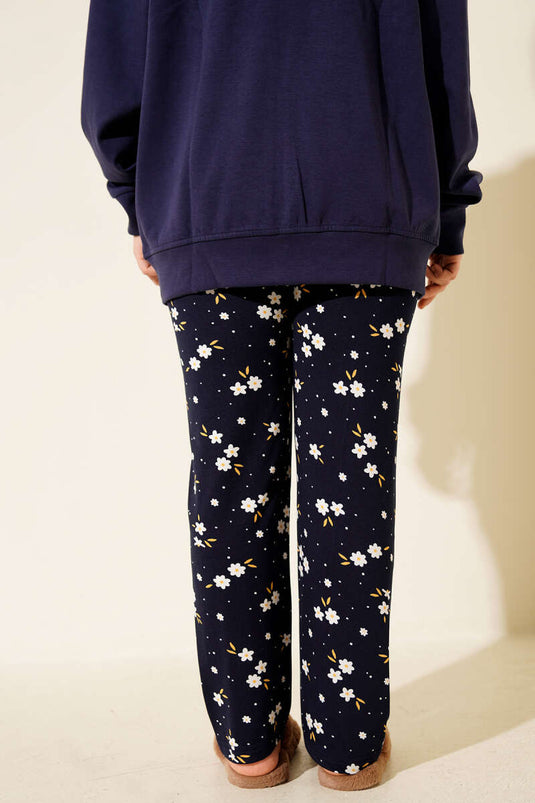 Patterned Pajama Bottoms with Elastic Waistband, Dark Navy