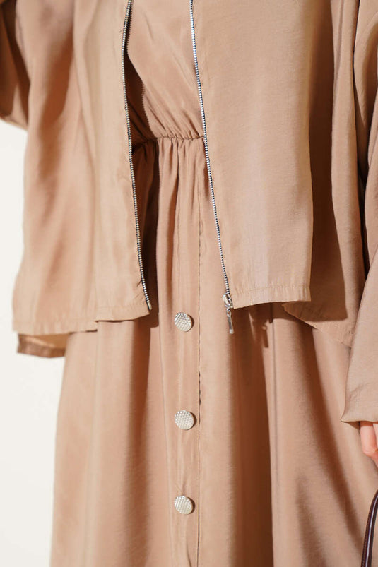 Belted Button Detail Dress Set Latte