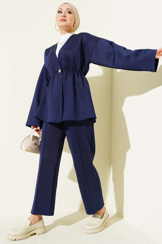 Elastic Waist Button Detailed Two Piece Suit Navy Blue