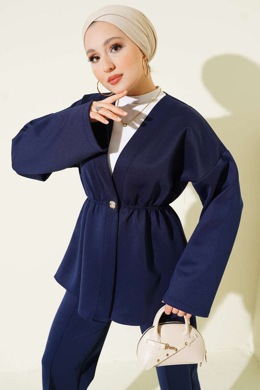 Elastic Waist Button Detailed Two Piece Suit Navy Blue