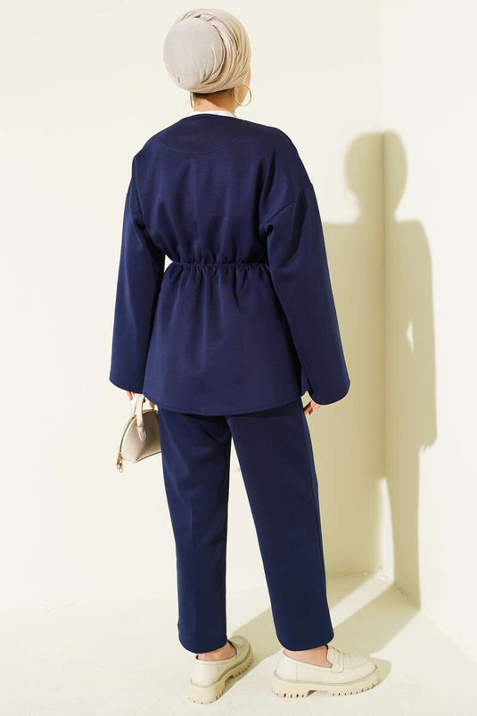 Elastic Waist Button Detailed Two Piece Suit Navy Blue
