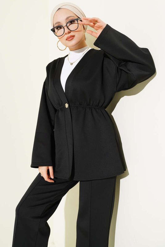Elastic Waist Button Detailed Two Piece Suit Black