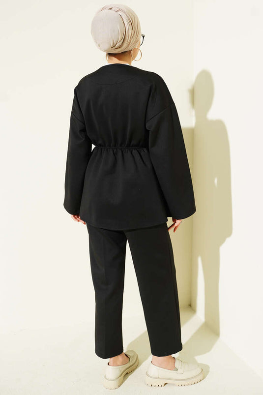 Elastic Waist Button Detailed Two Piece Suit Black