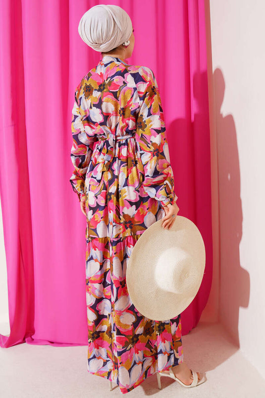 Bel Lastikli Düğmeli Çiçek Desen Elbise Fuşya