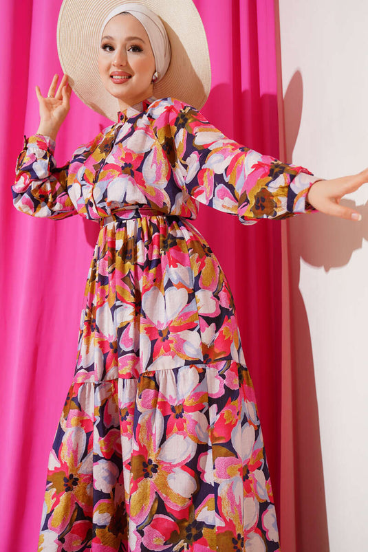 Bel Lastikli Düğmeli Çiçek Desen Elbise Fuşya