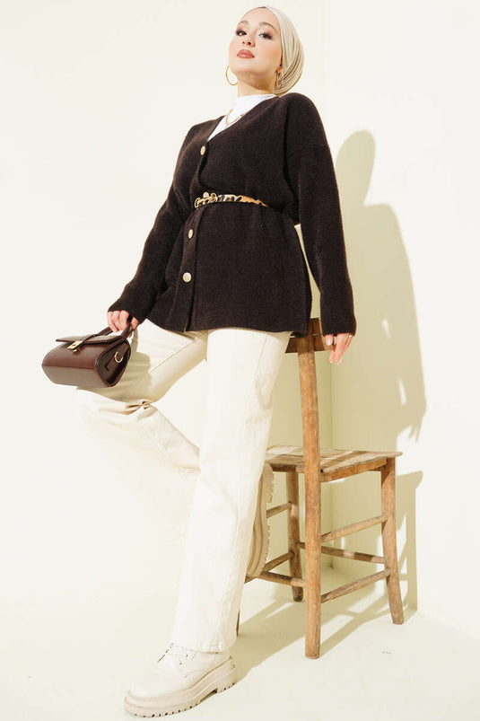 كارديجان محبوك محكم، بأزرار وخصر مطاطي، بني داكن