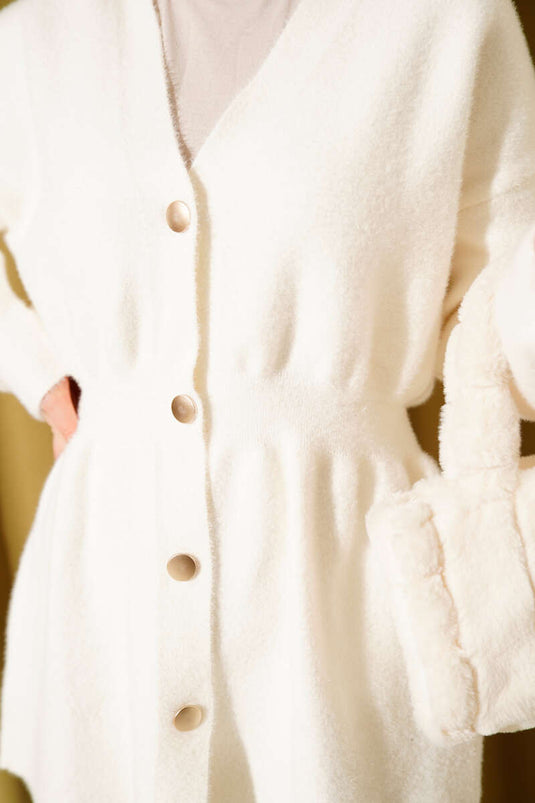 كارديجان محبوك محكم، بأزرار وخصر مطاطي، لون بيج فاتح