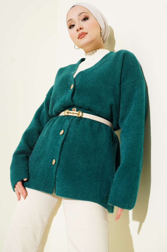 Bel Lastikli Düğmeli Sakallı Triko Hırka Zümrüt Yeşili