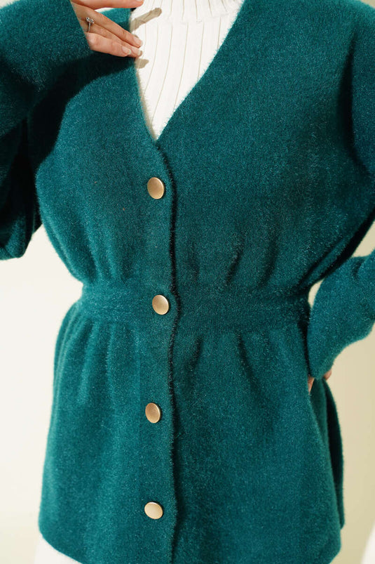 Bel Lastikli Düğmeli Sakallı Triko Hırka Zümrüt Yeşili