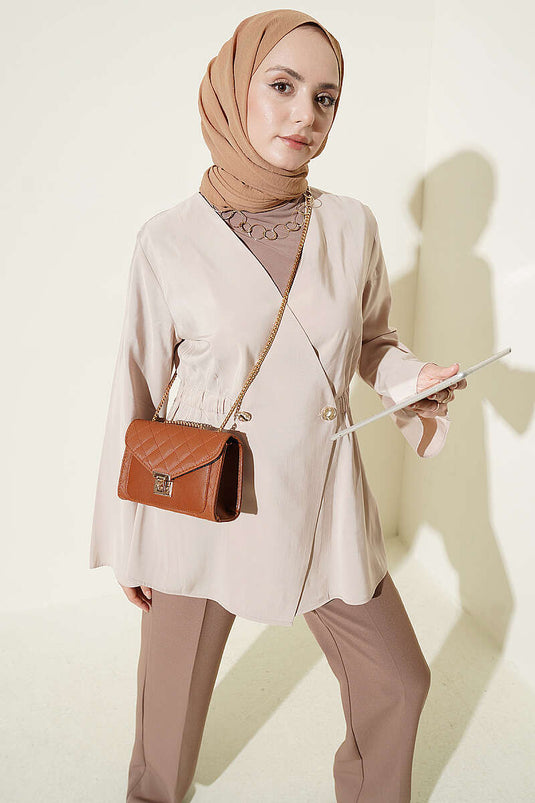 Giacca Tensel Beige con Bottoni e Vita Elasticizzata