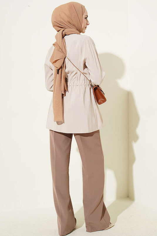 Giacca Tensel Beige con Bottoni e Vita Elasticizzata