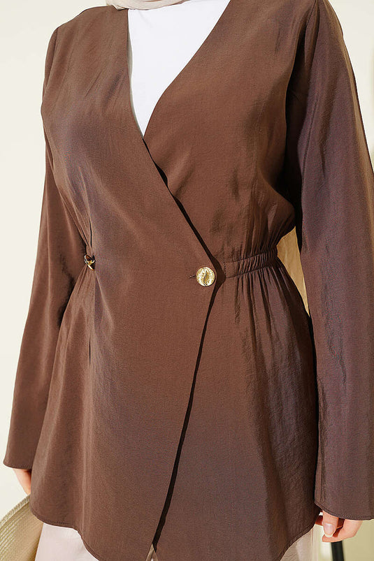 جاكيت تينسل بخصر مطاطي وأزرار، لون بني