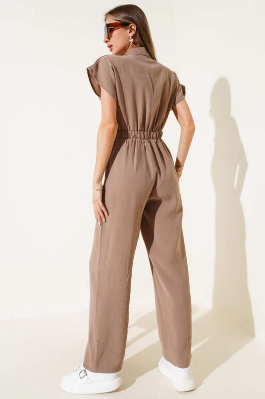 Latzhose mit elastischem Bund und Knöpfen, Nerz