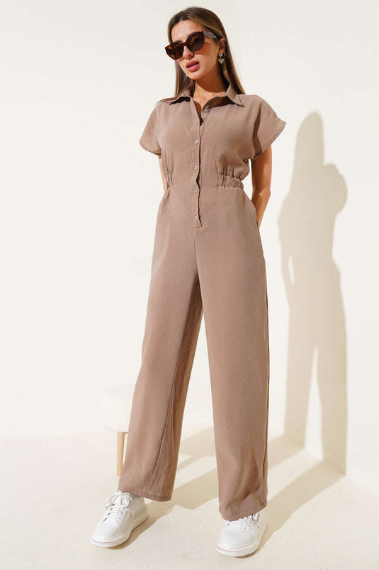 Latzhose mit elastischem Bund und Knöpfen, Nerz