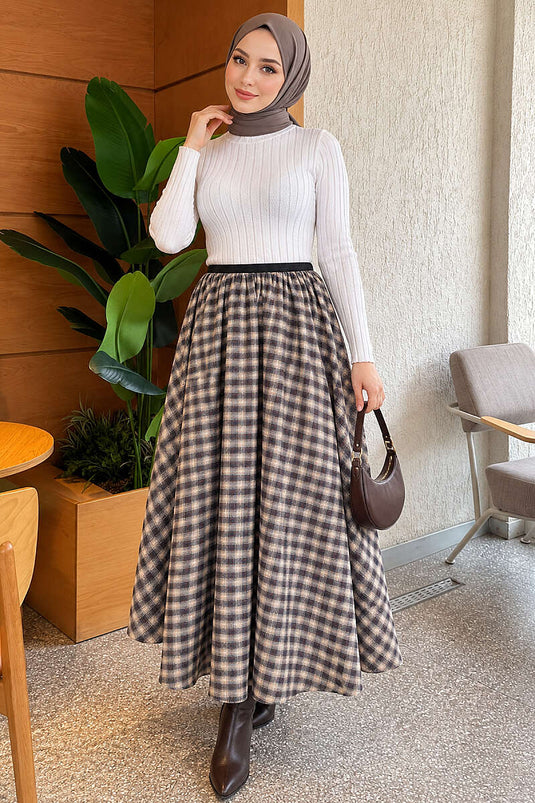 Beige Elasticated Checkered Skirt