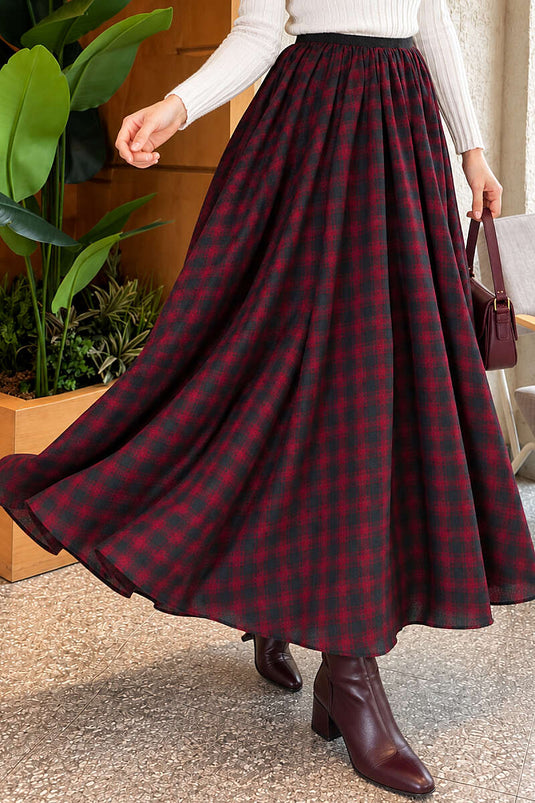 Burgundy Elasticated Plaid Skirt