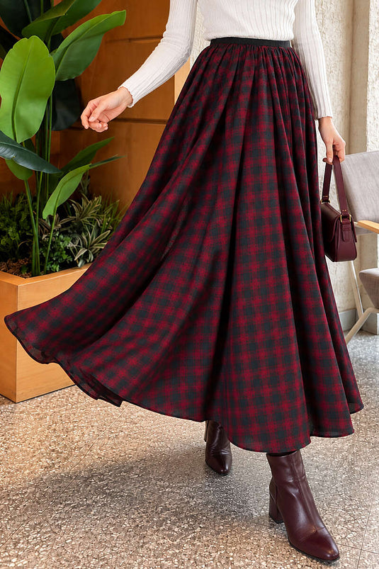 Burgundy Elasticated Plaid Skirt