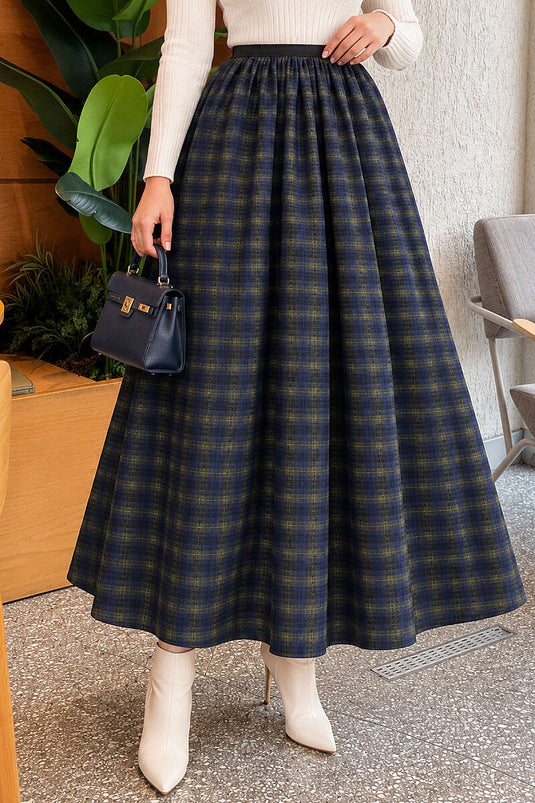 Bel Elasticated Checkered Skirt Navy