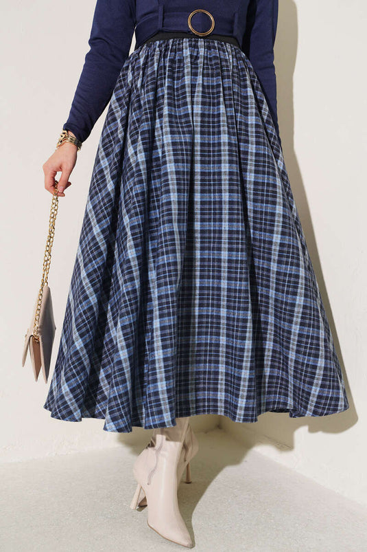 Falda Ancha Cuadros Azul Con Cintura Elástica