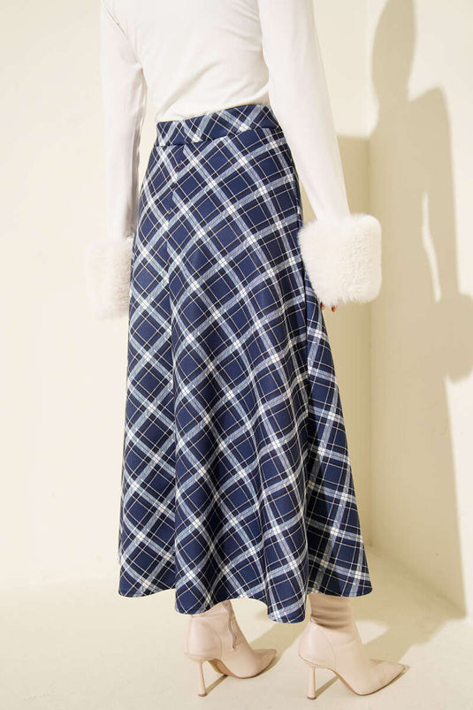 Navy Blue Waist-Elastic Checked Diving Skirt