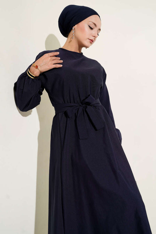 فستان أزرق داكن بخصر مطاطي