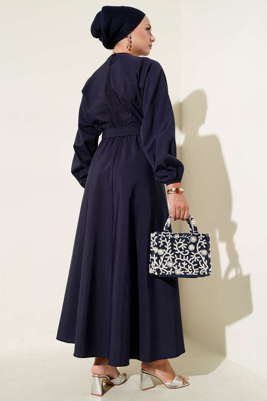 فستان أزرق داكن بخصر مطاطي